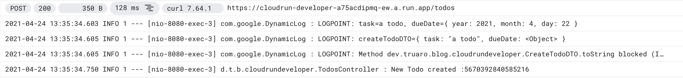 Logpoints output in Cloud Logging service